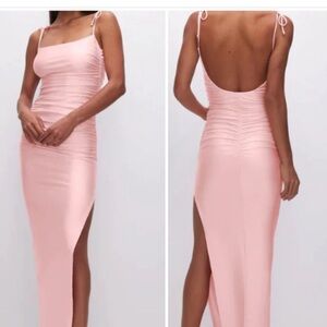 Good American- Satin Ruched Slip Maxi Dress Rose